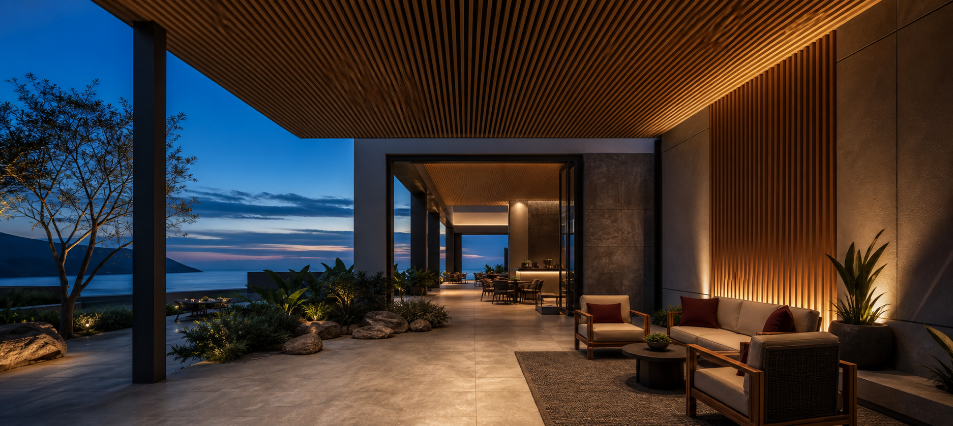Contemporary restaurant with modular ceiling and decorative paneling
